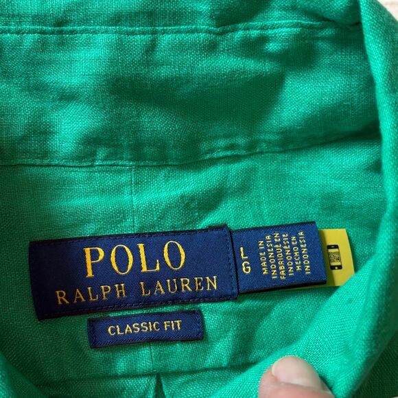 Polo Ralph Lauren Shirt Mens Large Green Classic 100% Linen button Long Sleeve - Picture 6 of 11